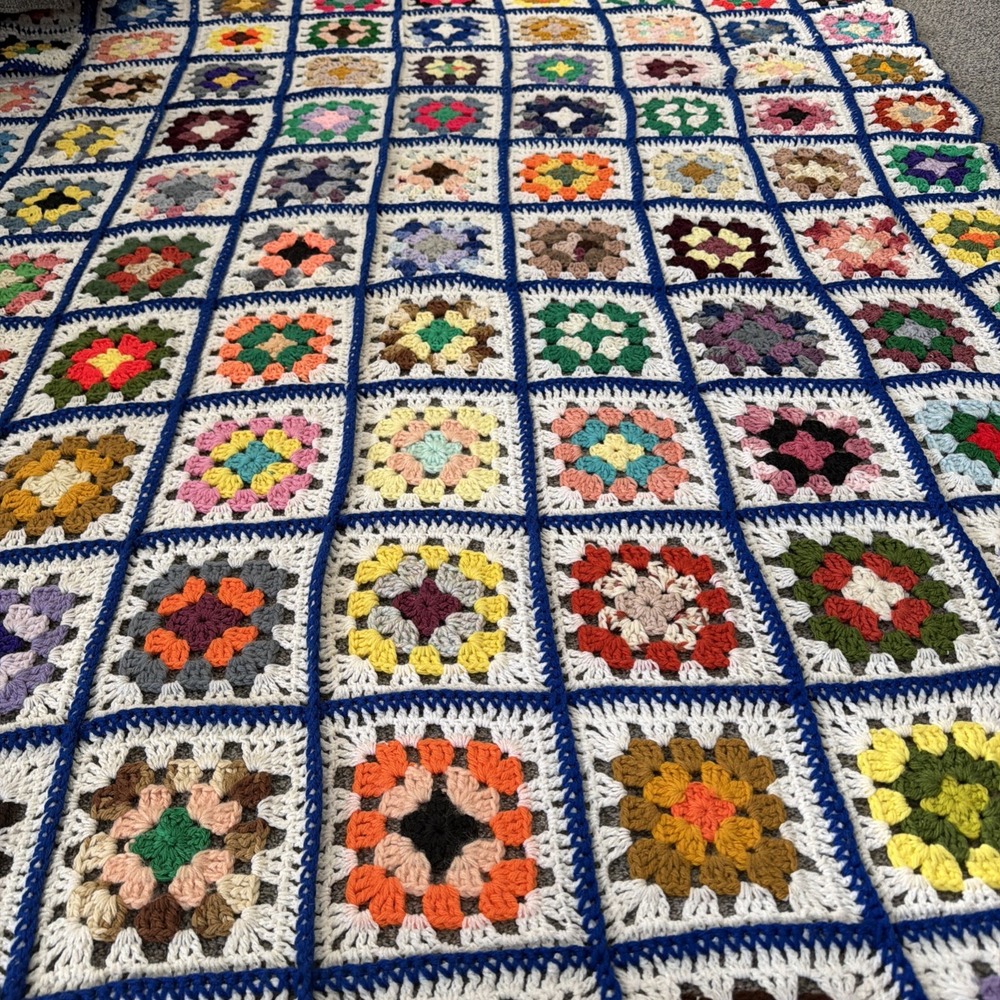 Vtg Hand Crocheted Colorful Granny Swuare Afghan Blanket 75" By 65" Perfect Cond
